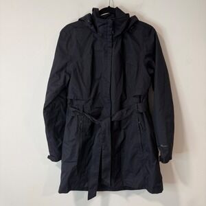 Eddie Bauer Womens Rain Jacket Trench Large Black WeatherEdge Hooded Belted Coat